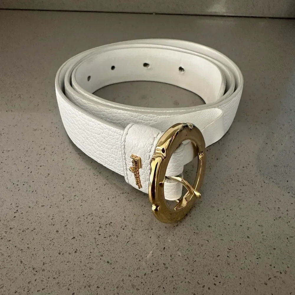 Salvatore Ferragamo Flower Buckle Leather Belt New Bianco White/Gold Buckle